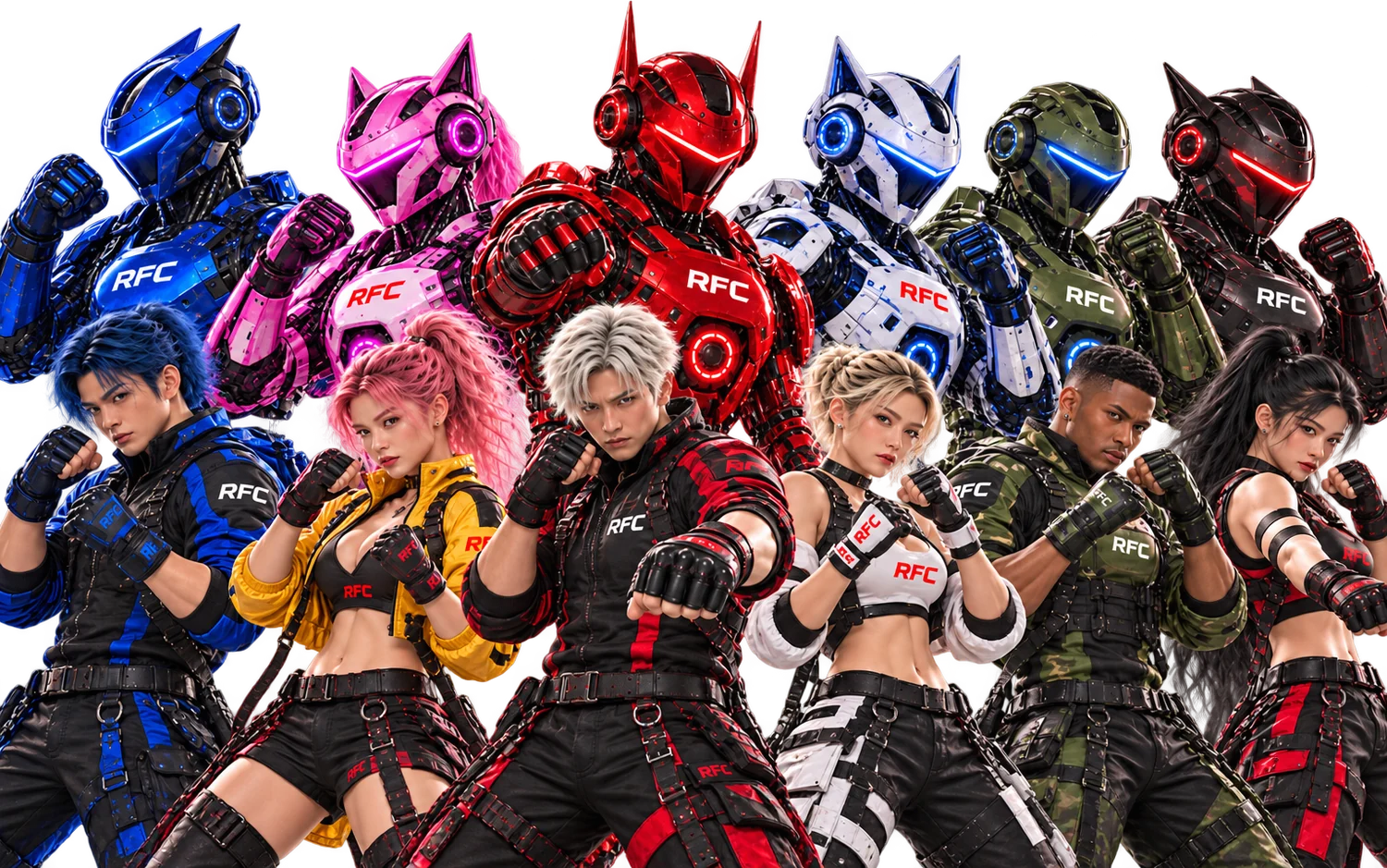 The RFC roster: seven pilots in team kit standing in front of the humanoid robots they fight